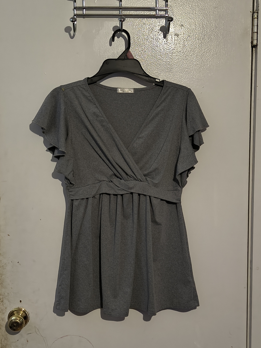 Gray Wrap-Front Flutter Sleeve Top